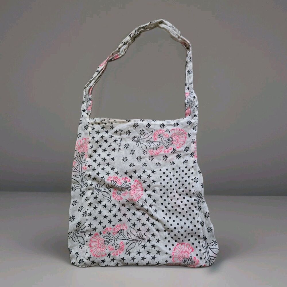Free People Shoulder Bag White Pink Black Floral Fabric Tote Reusable Shopper